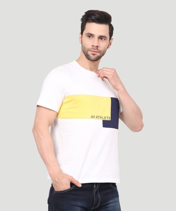 Men's White Colourblock Half Sleeves Regular Fit T-Shirt